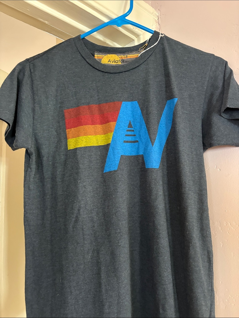 NWT Aviator Nation Charcoal Logo Tee with Blue and Red-Orange-Yellow Stripe